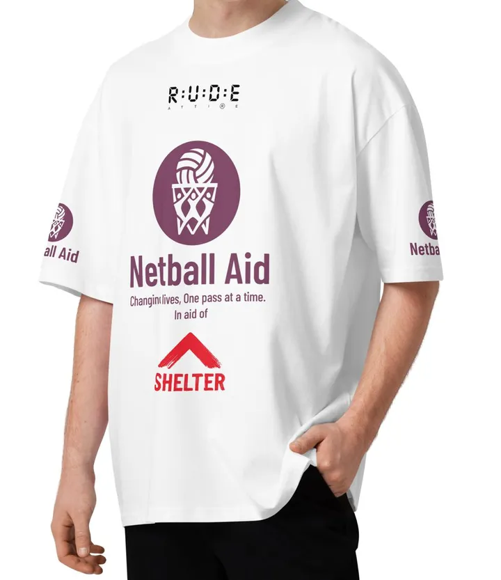 Front of the volunteer T-shirt: white, large Netball Aid logo, in aid of Shelter